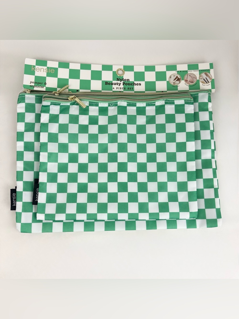 Kenzie 4 Piece Green Checkered Pouch Cosmetic Nylon Bags New With Tags